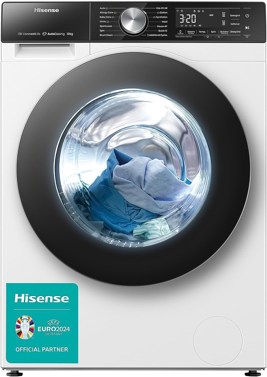 Hisense WF5S1245BW Freestanding 12 KG Front Load Inverter Washing Machine with Auto Dose WiFi Enabled Steam Wash 19 Programs 1400 RPM White Energy Rating A-0