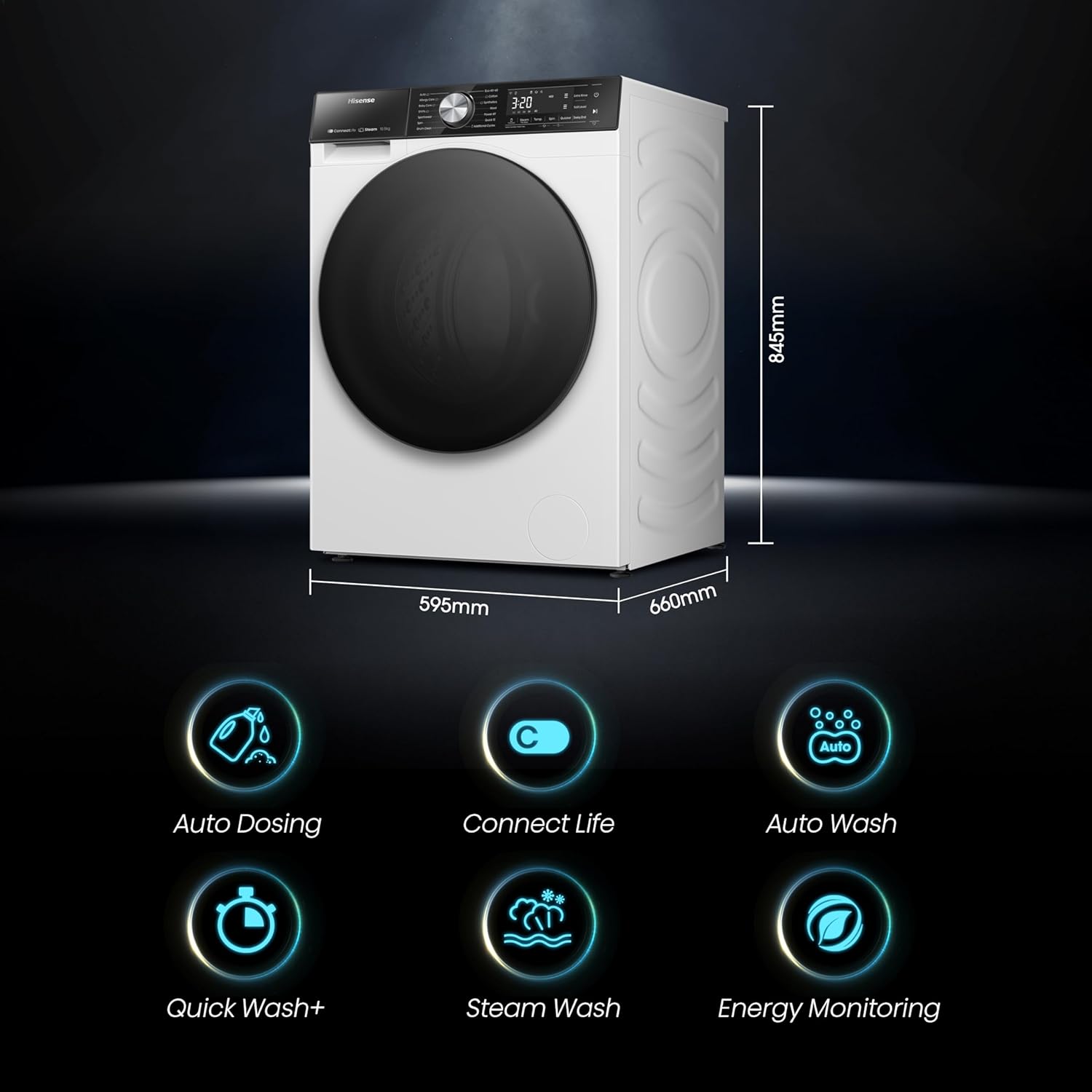 Hisense WF5S1245BW Freestanding 12 KG Front Load Inverter Washing Machine with Auto Dose WiFi Enabled Steam Wash 19 Programs 1400 RPM White Energy Rating A-1