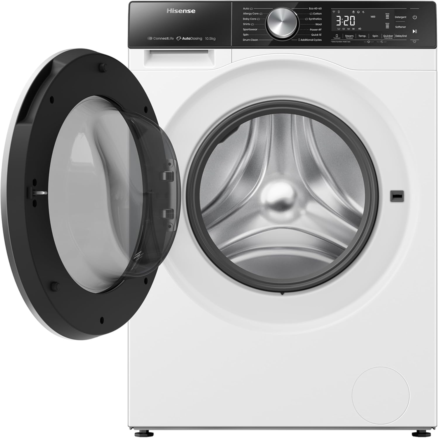 Hisense WF5S1245BW Freestanding 12 KG Front Load Inverter Washing Machine with Auto Dose WiFi Enabled Steam Wash 19 Programs 1400 RPM White Energy Rating A-11