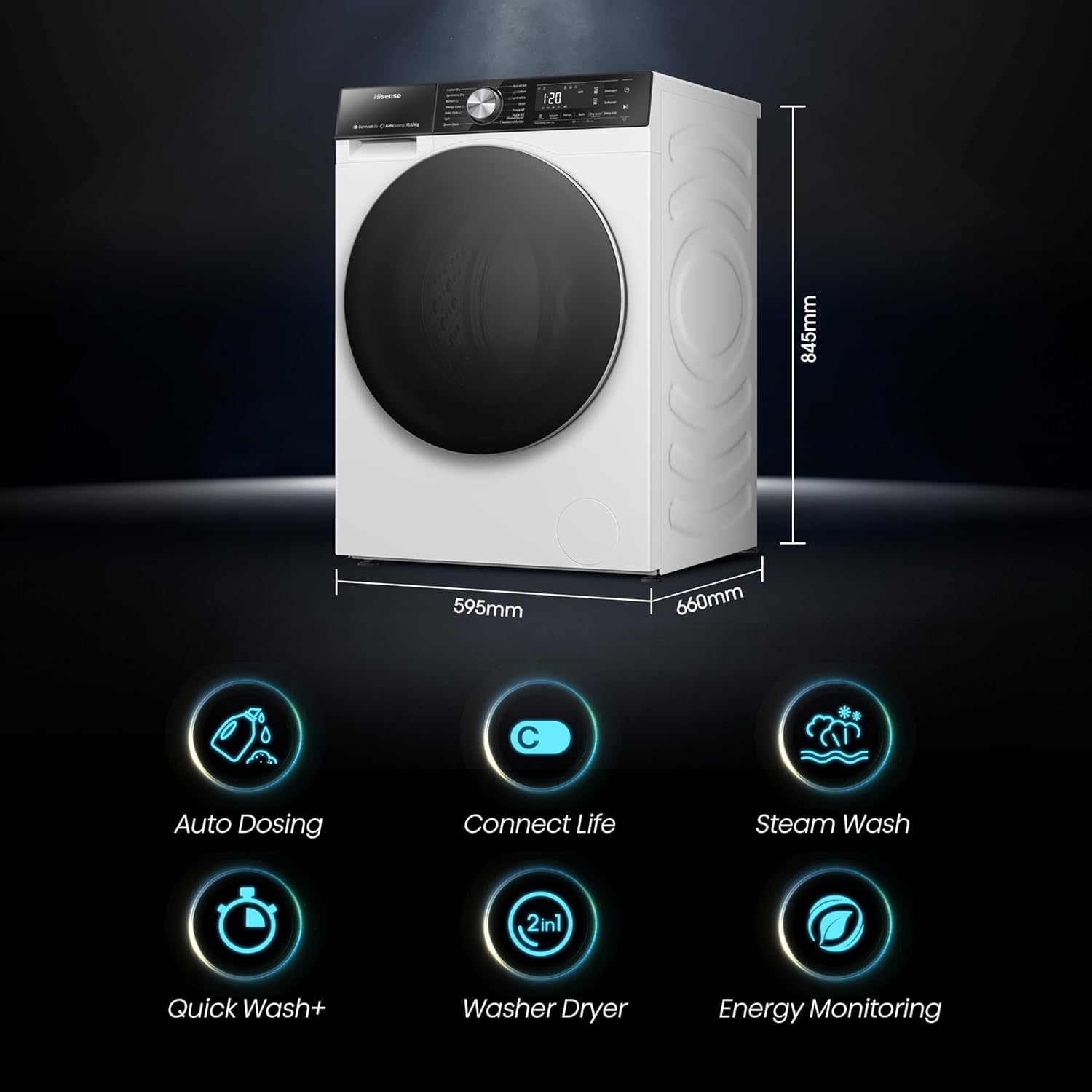 Hisense 5S Series WD5S1045BW 60cm Freestanding 10.5/6 KG Front Load Inverter Washer Dryer with Auto Dose WiFi Enabled Steam Wash - 19 Programs 1400 RPM White Energy Rating A/D-1