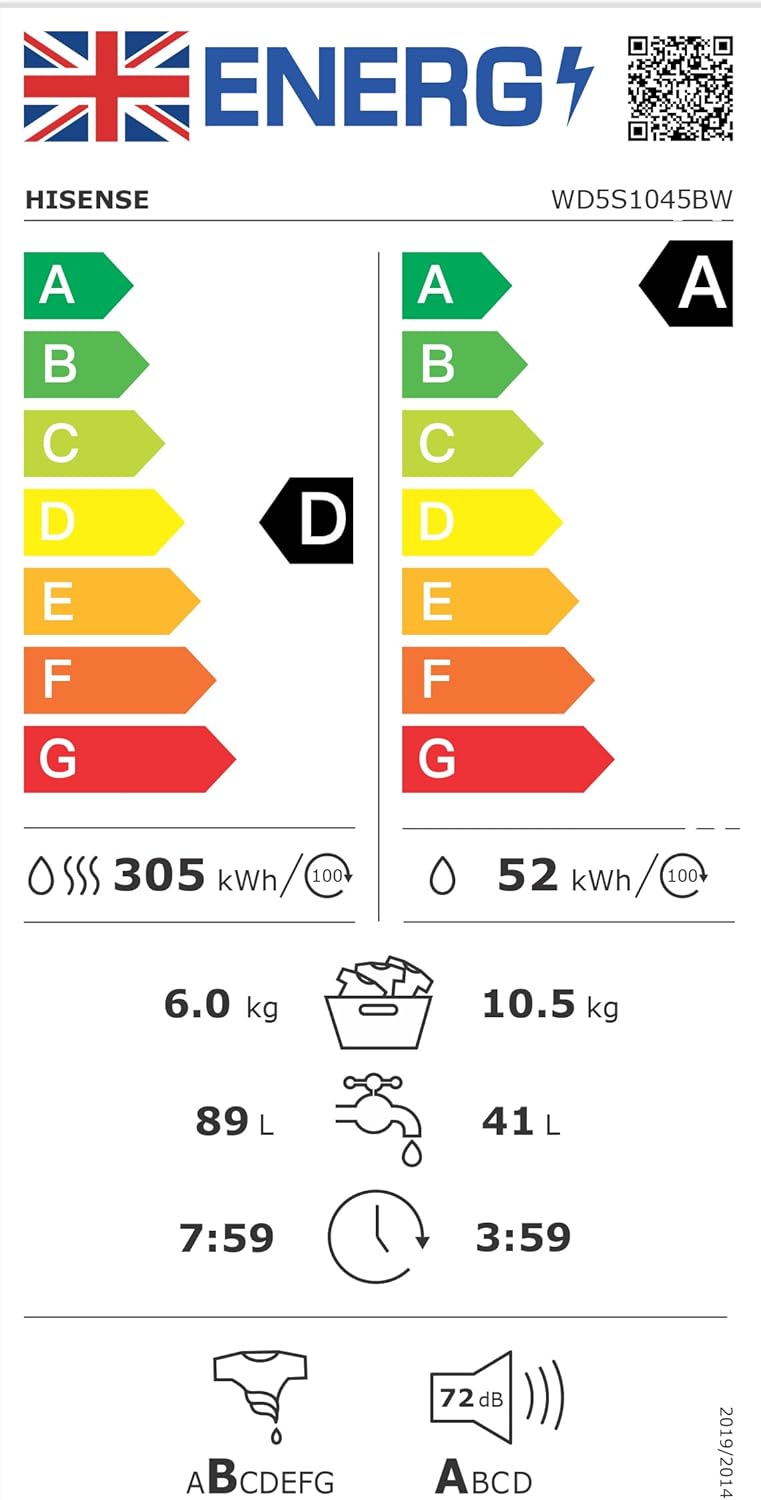 Hisense 5S Series WD5S1045BW 60cm Freestanding 10.5/6 KG Front Load Inverter Washer Dryer with Auto Dose WiFi Enabled Steam Wash - 19 Programs 1400 RPM White Energy Rating A/D-12