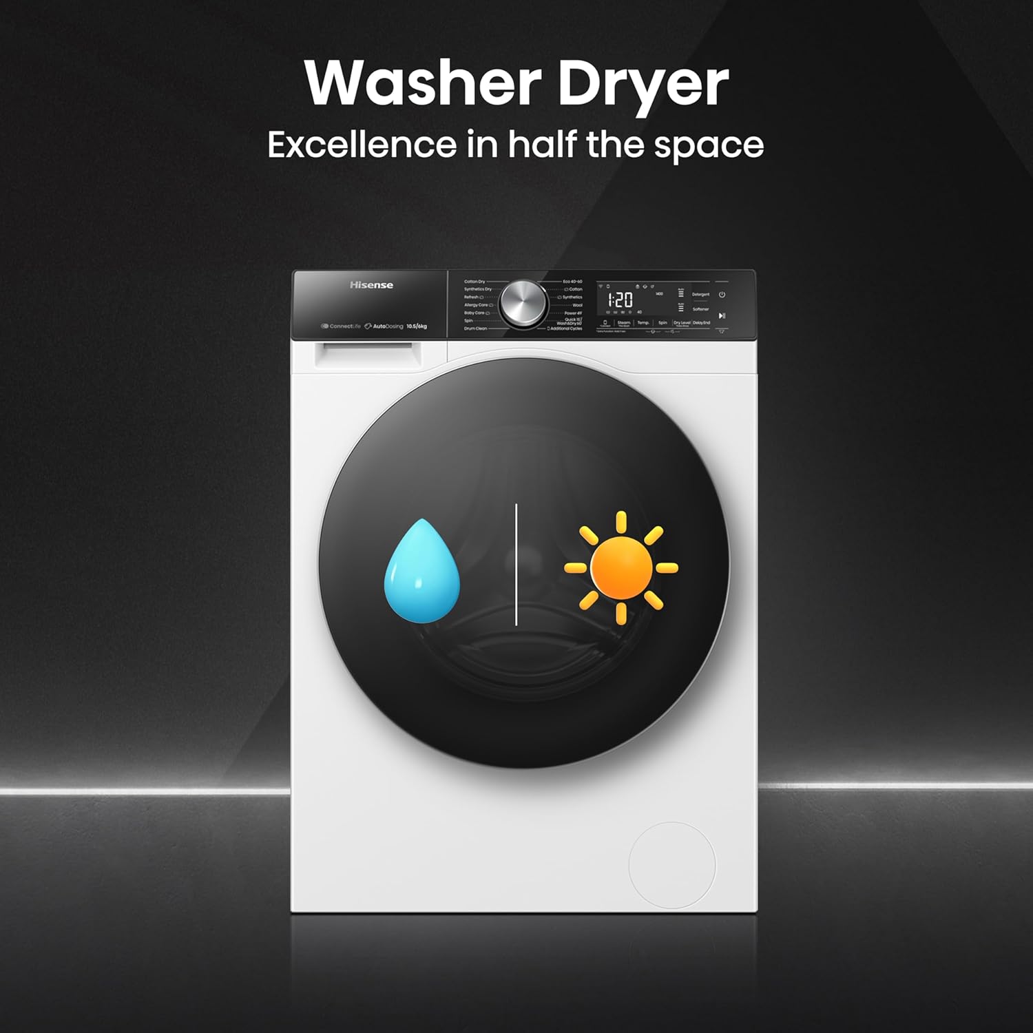 Hisense 5S Series WD5S1045BW 60cm Freestanding 10.5/6 KG Front Load Inverter Washer Dryer with Auto Dose WiFi Enabled Steam Wash - 19 Programs 1400 RPM White Energy Rating A/D-6