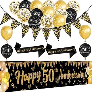 Black Gold 50th Wedding Anniversary Decorations Kit,Happy 50th Anniversary Yard Banner,Sash,Banner Bunting Flags,18Pcs Latex Balloons for Women Men 50 Year Party Supplies