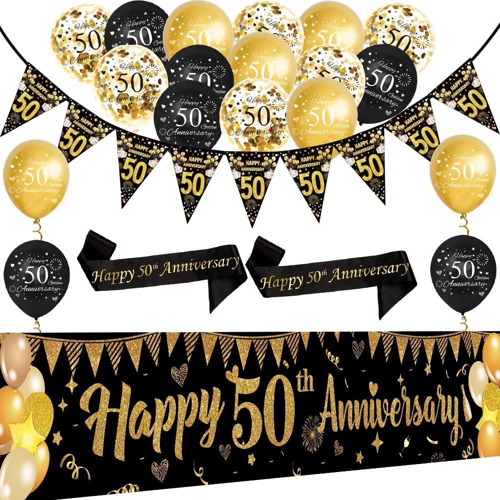 Black Gold 50th Wedding Anniversary Decorations Kit,Happy 50th Anniversary Yard Banner,Sash,Banner Bunting Flags,18Pcs Latex Balloons for Women Men 50 Year Party Supplies-0