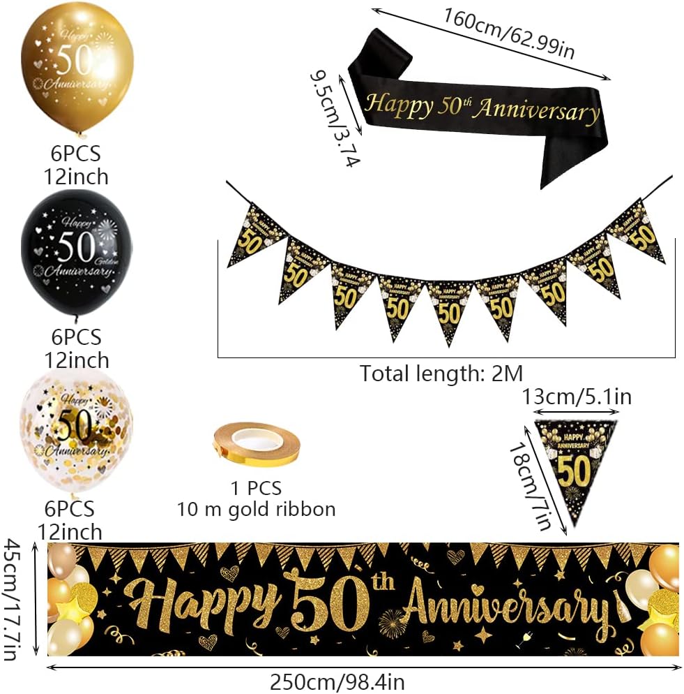 Black Gold 50th Wedding Anniversary Decorations Kit,Happy 50th Anniversary Yard Banner,Sash,Banner Bunting Flags,18Pcs Latex Balloons for Women Men 50 Year Party Supplies-1