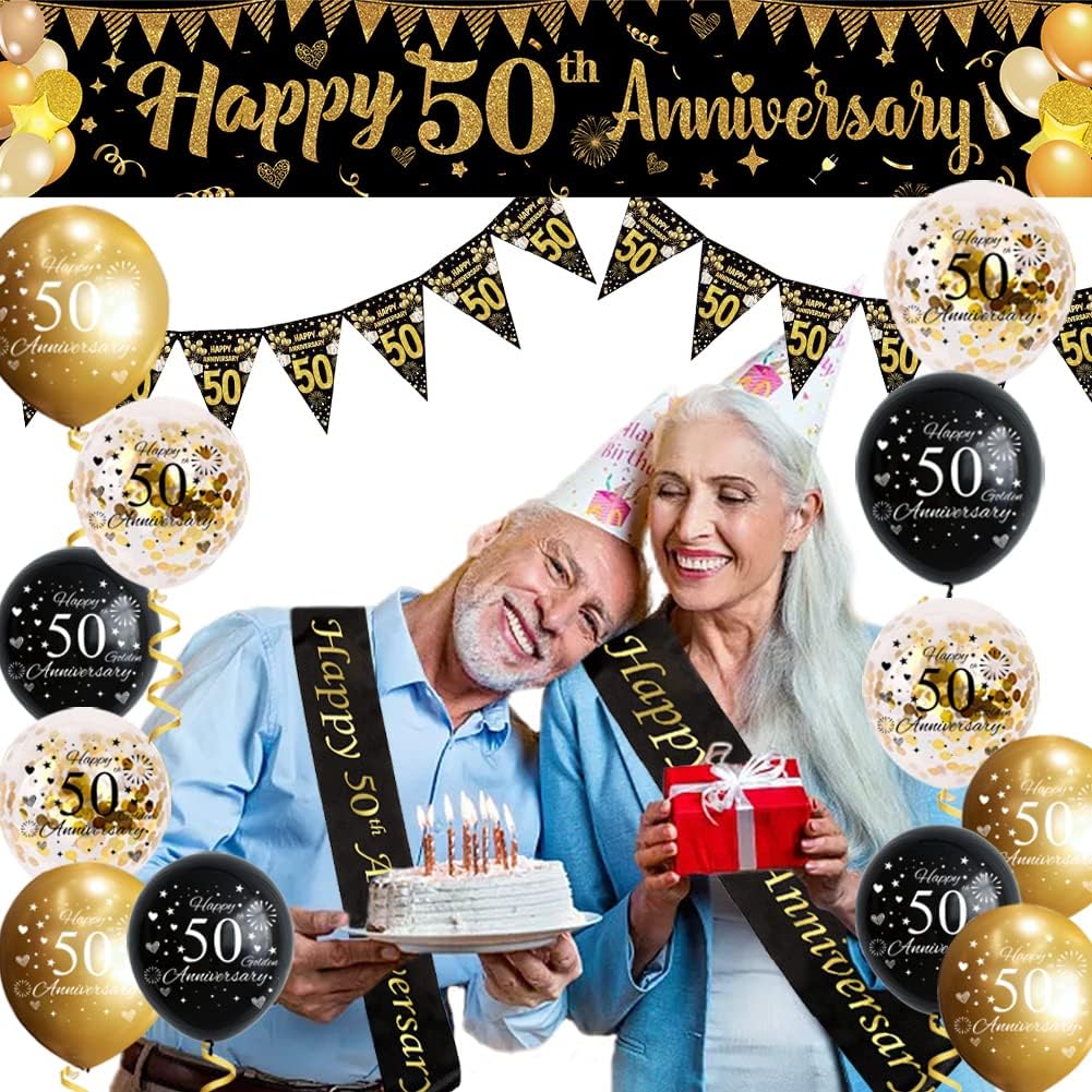 Black Gold 50th Wedding Anniversary Decorations Kit,Happy 50th Anniversary Yard Banner,Sash,Banner Bunting Flags,18Pcs Latex Balloons for Women Men 50 Year Party Supplies-2