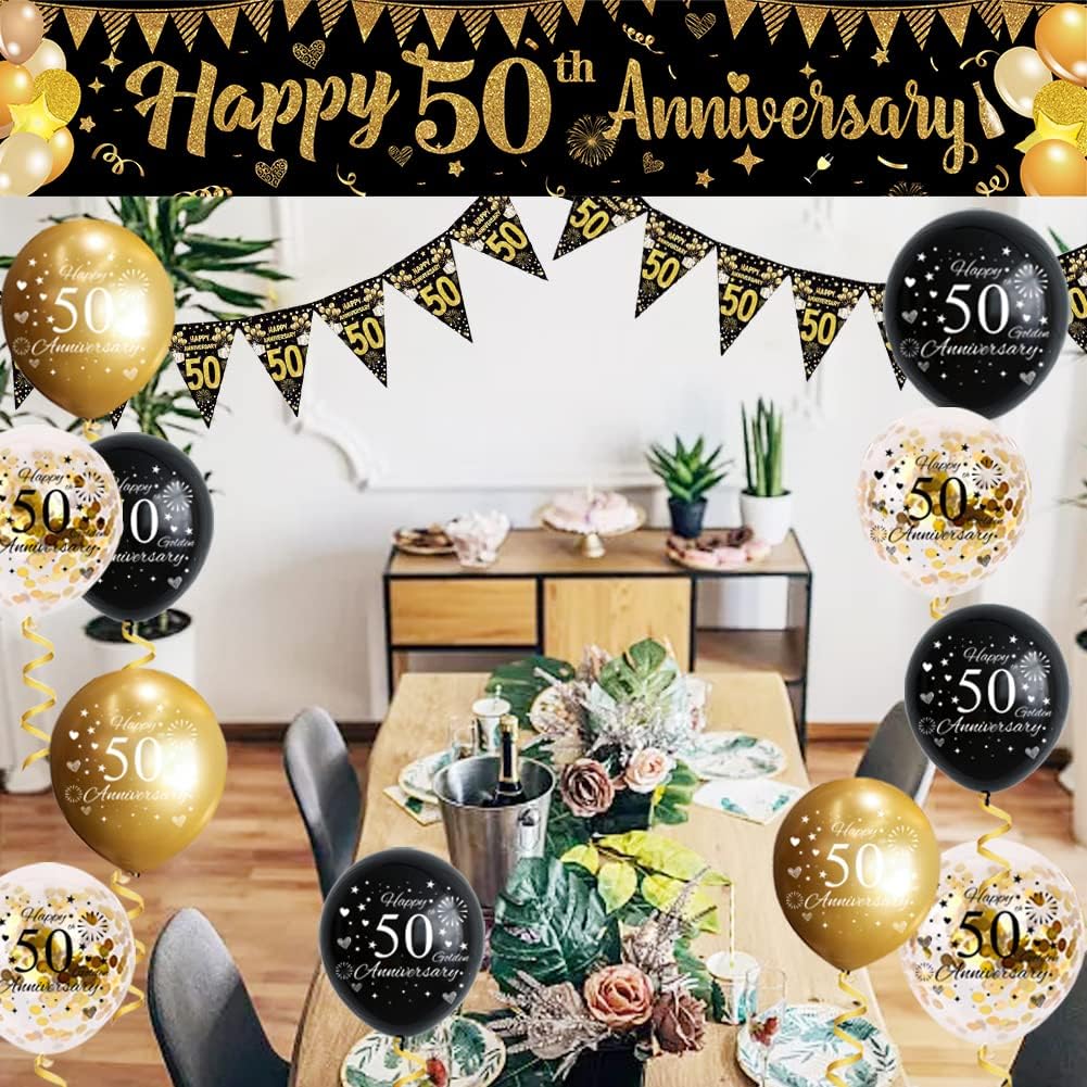 Black Gold 50th Wedding Anniversary Decorations Kit,Happy 50th Anniversary Yard Banner,Sash,Banner Bunting Flags,18Pcs Latex Balloons for Women Men 50 Year Party Supplies-3