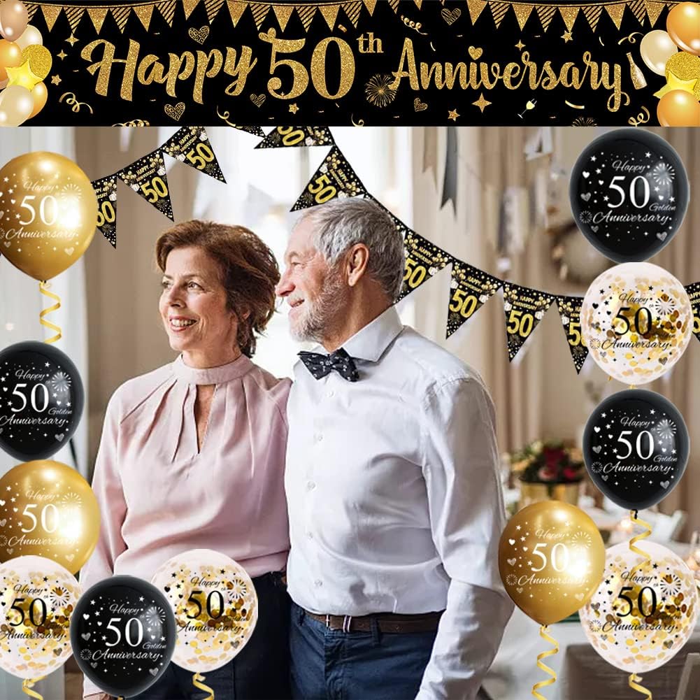 Black Gold 50th Wedding Anniversary Decorations Kit,Happy 50th Anniversary Yard Banner,Sash,Banner Bunting Flags,18Pcs Latex Balloons for Women Men 50 Year Party Supplies-5