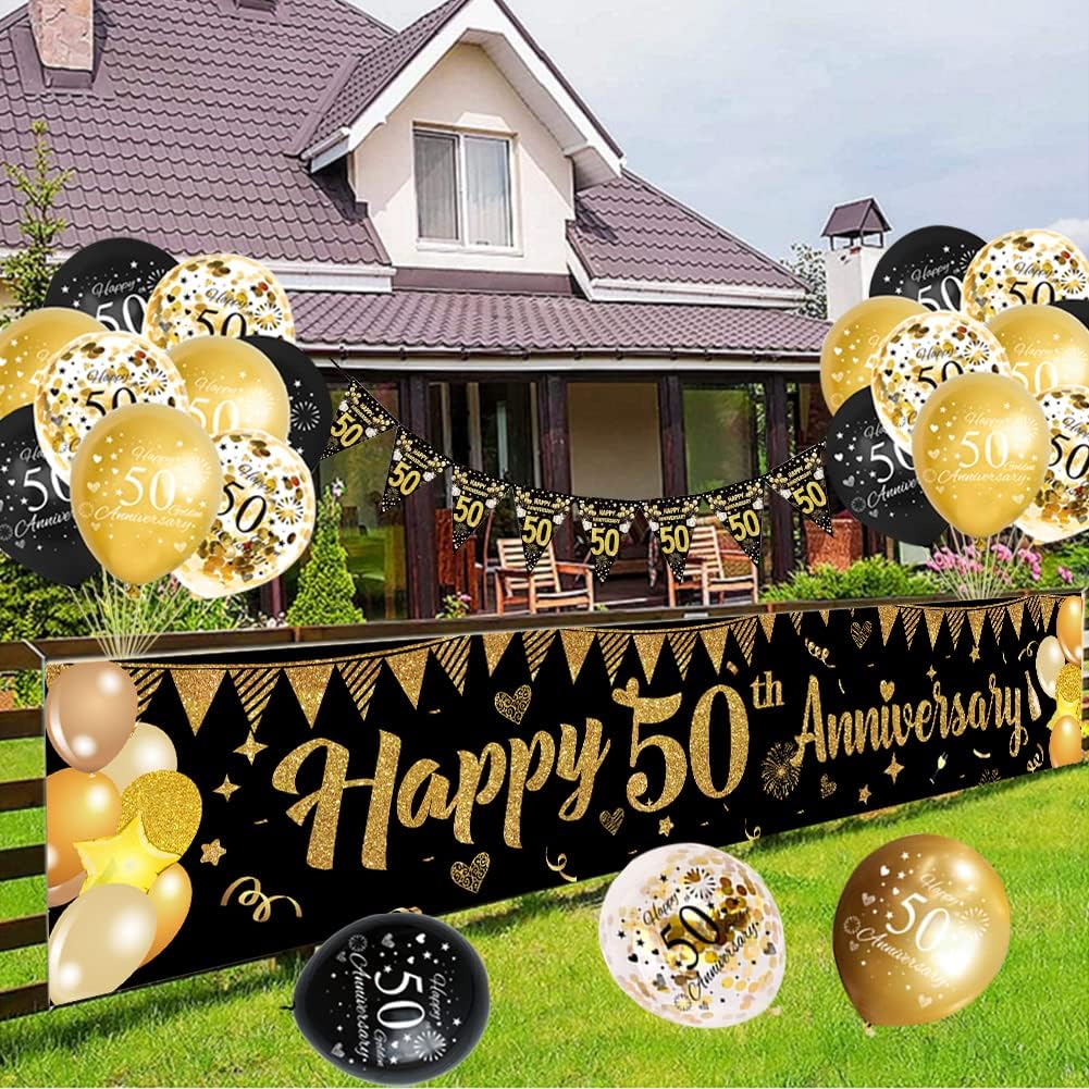 Black Gold 50th Wedding Anniversary Decorations Kit,Happy 50th Anniversary Yard Banner,Sash,Banner Bunting Flags,18Pcs Latex Balloons for Women Men 50 Year Party Supplies-6