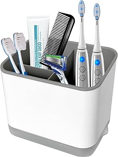 VAKOWOO Toothbrush Holder for Bathroom, Toothbrush Caddy Storage Tooth Brush holder with Drainage Bathroom Tidy Organizer for Kids Family, Toothbrush and Toothpaste Holder Grey/White