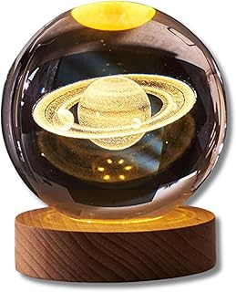 3D Saturn Crystal Ball Night Light, 8cm Crystal Ball Luminous Inner Carved Night Light 7cm Wooden Base USB Plug Interface Tabletop Moon Light for Home Decoration(Warm light)