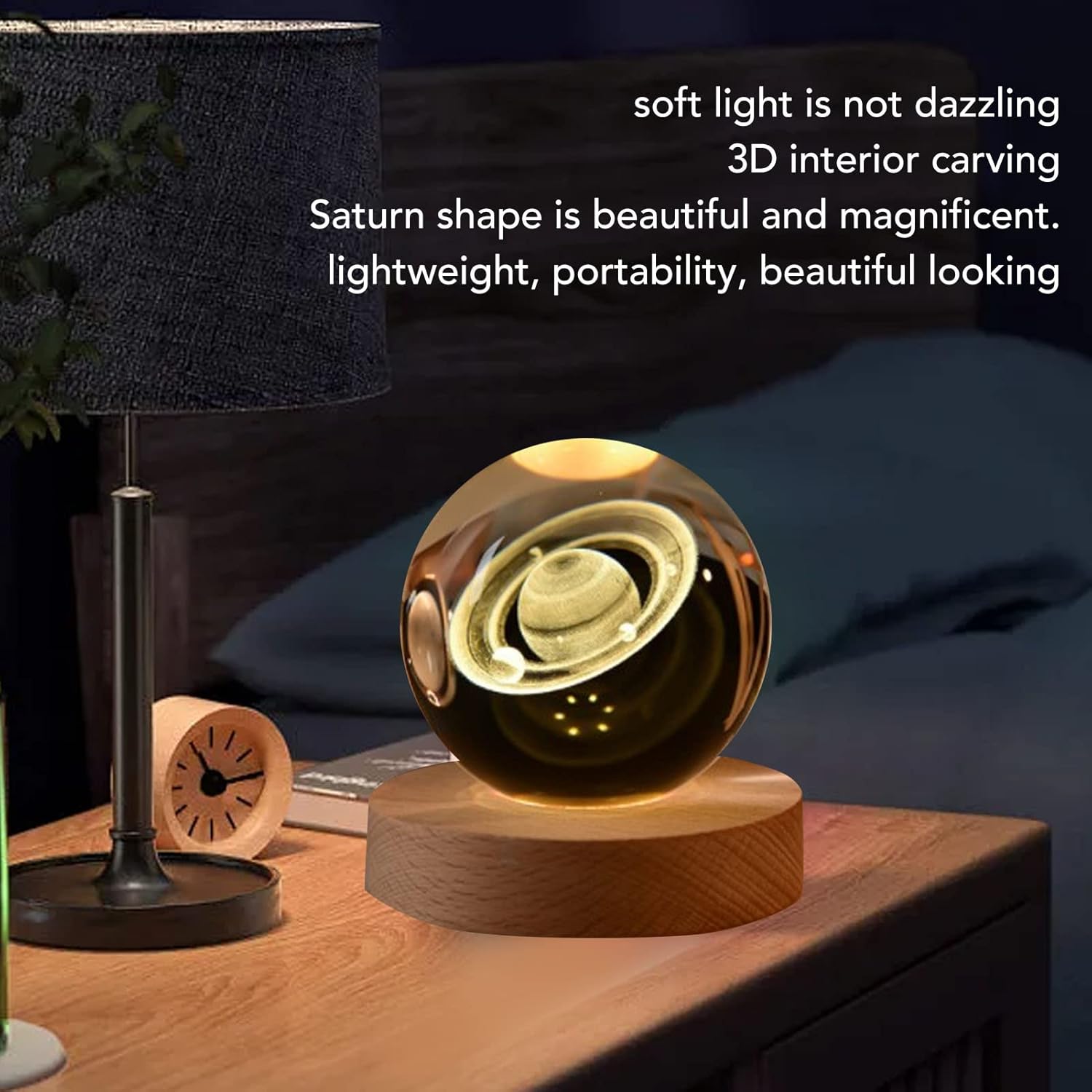 3D Saturn Crystal Ball Night Light, 8cm Crystal Ball Luminous Inner Carved Night Light 7cm Wooden Base USB Plug Interface Tabletop Moon Light for Home Decoration(Warm light)-2