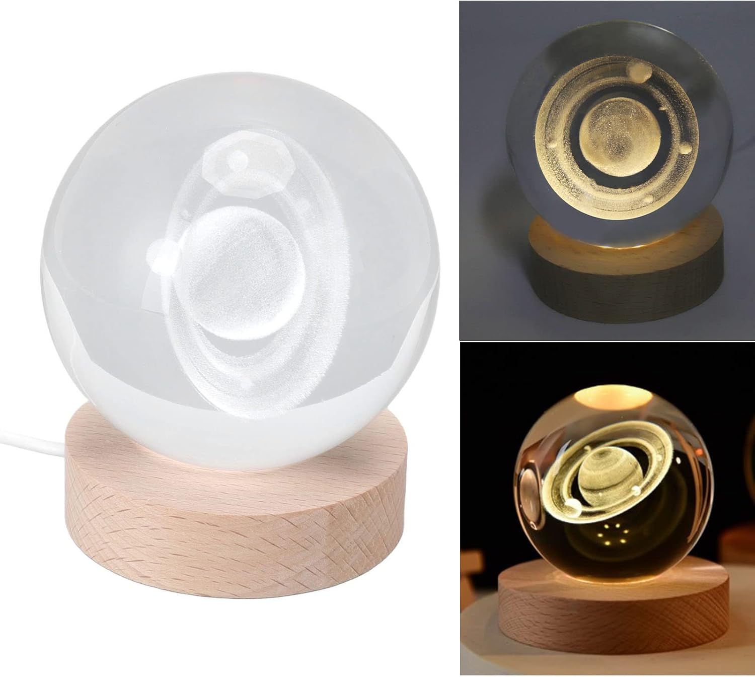 3D Saturn Crystal Ball Night Light, 8cm Crystal Ball Luminous Inner Carved Night Light 7cm Wooden Base USB Plug Interface Tabletop Moon Light for Home Decoration(Warm light)-5