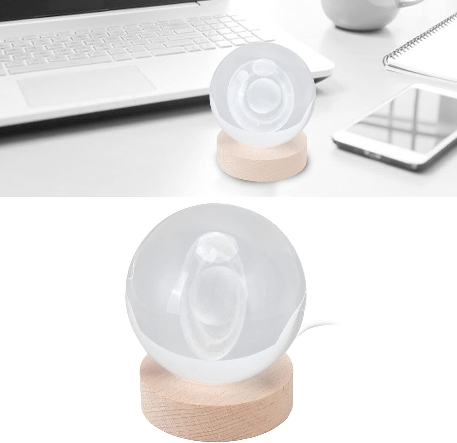 3D Saturn Crystal Ball Night Light, 8cm Crystal Ball Luminous Inner Carved Night Light 7cm Wooden Base USB Plug Interface Tabletop Moon Light for Home Decoration(Warm light)-7