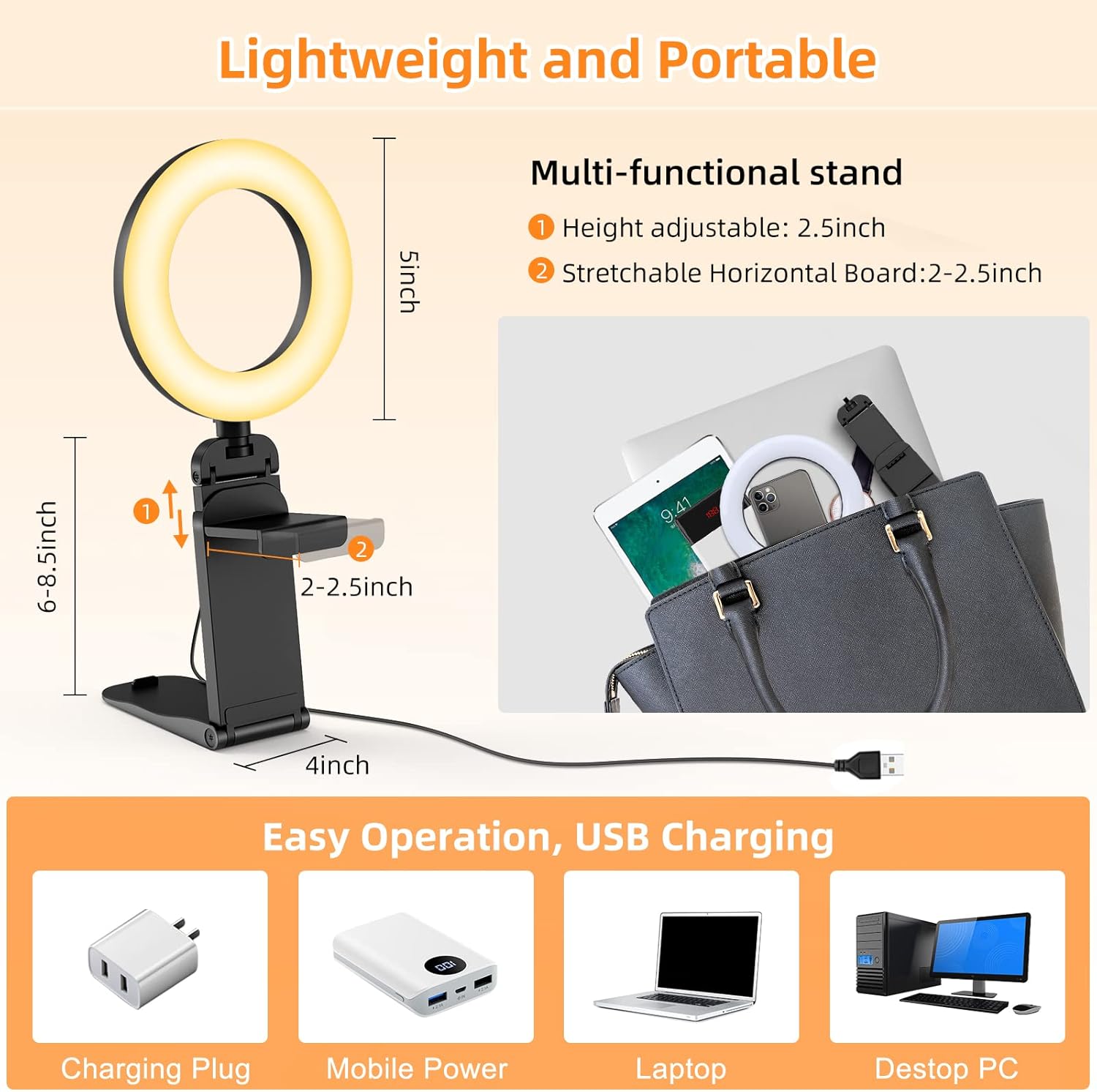 5" Desk Ring Light with Stand, LED Ring Light for Laptop Monitor, Video Conference Lighting, Zoom Meeting Light for Video Calls Selfie Makeup PC Webcam, Phone Holder with Continuous Output Lighting-5