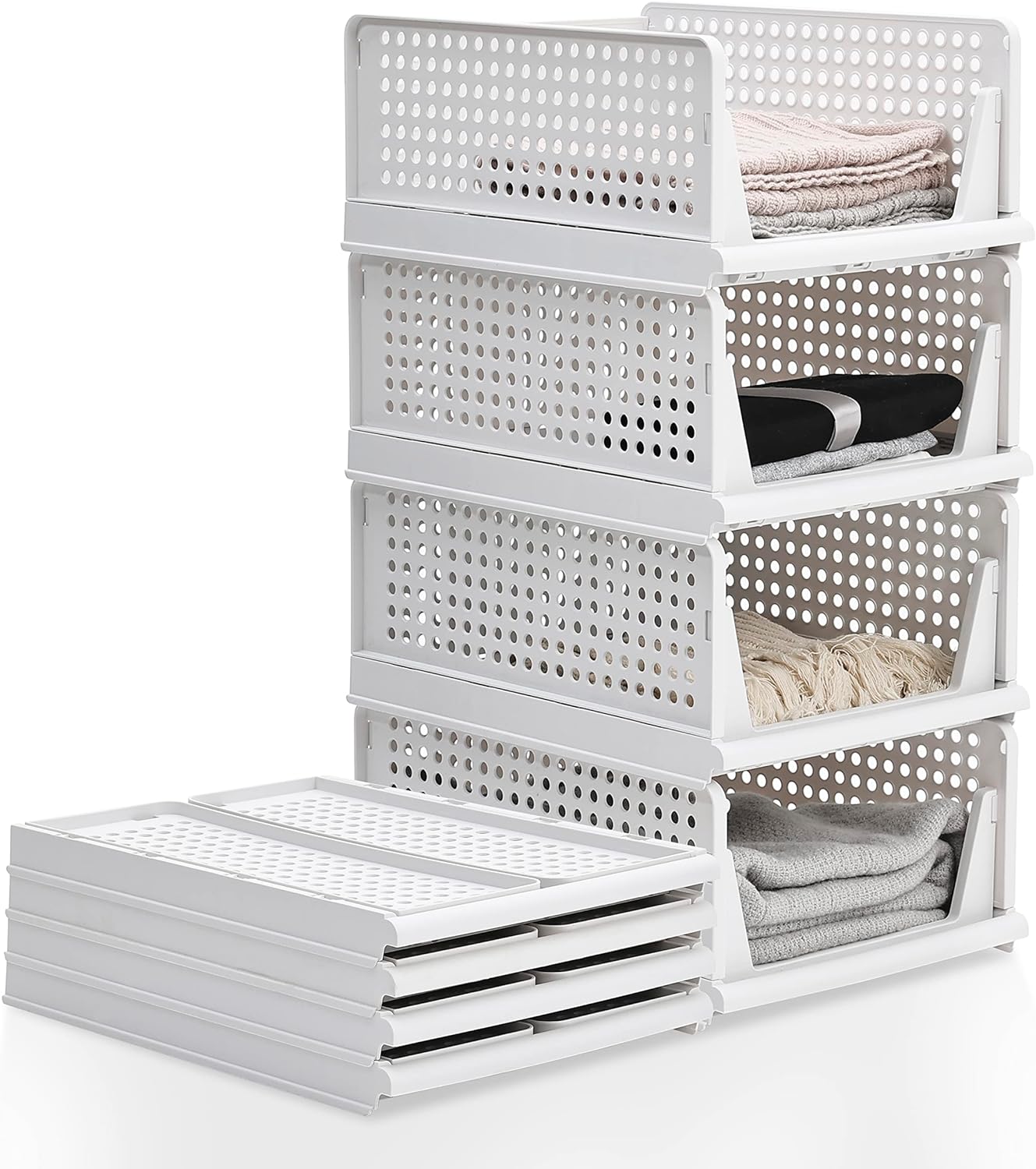 BTGGG 4 Pack Wardrobe Storage Organiser Stackable Drawer Organizer Collapsible Storage Boxes for Shelves, Easy Pull Out Drawer Dividers for Closet, Cabinet, Pantry, Laundry Study Room Organization-0