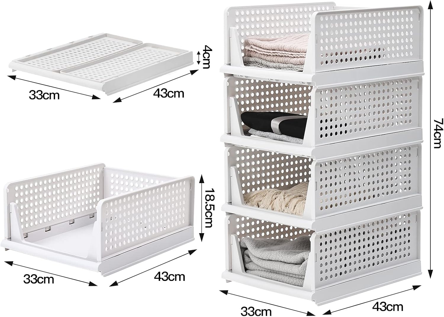 BTGGG 4 Pack Wardrobe Storage Organiser Stackable Drawer Organizer Collapsible Storage Boxes for Shelves, Easy Pull Out Drawer Dividers for Closet, Cabinet, Pantry, Laundry Study Room Organization-1