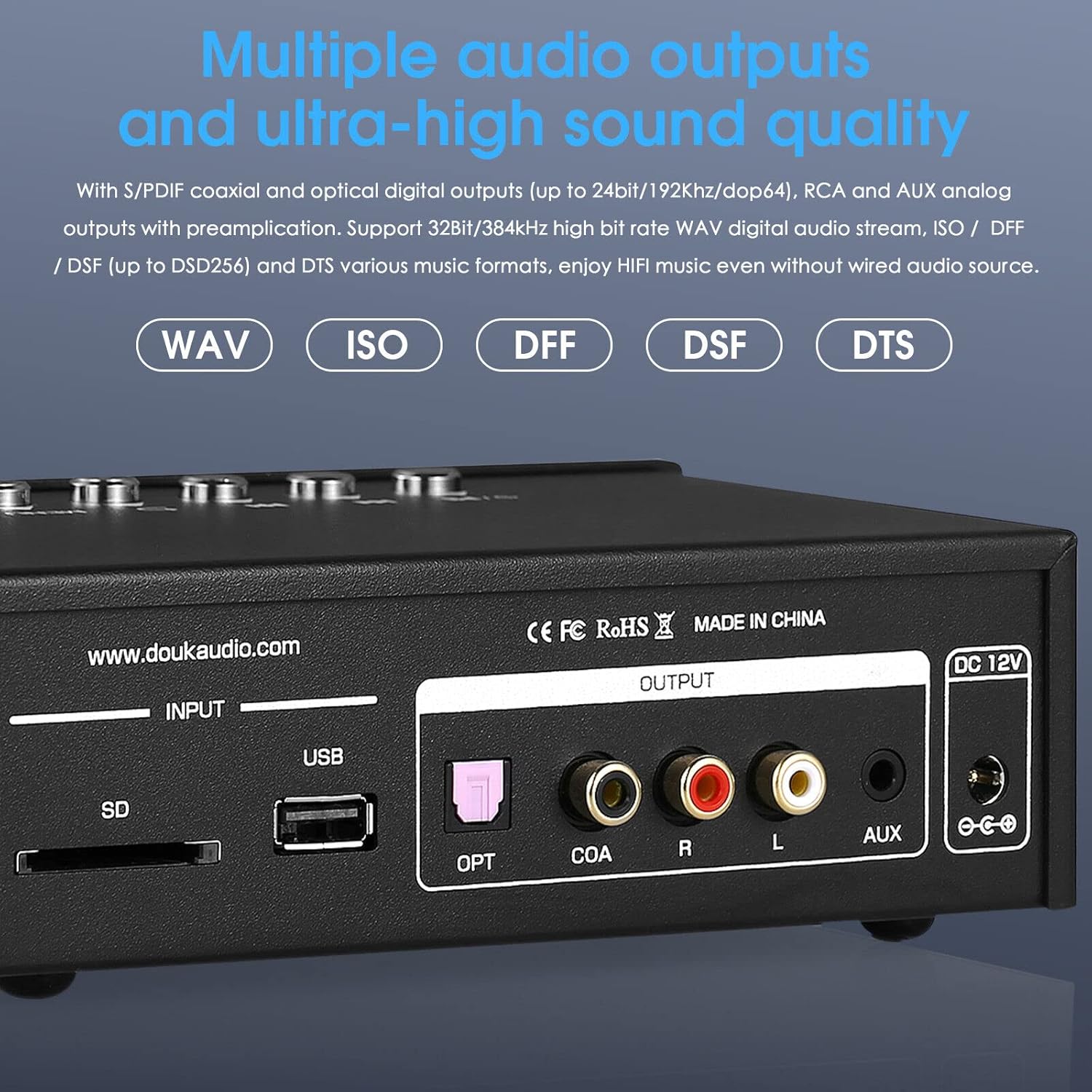 Douk Audio C100 Mini HiFi Preamp Digital Audio USB player Hi-res Music Streamer S/PDIF COAX/OPT Adapter DSD256 32Bit 384KHz-4