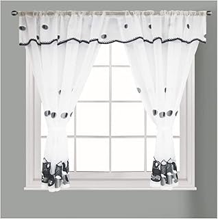 Householdfurnishing Embroidered Kitchen Window Pair Curtains Set Rod Pocket with Attached Valance & Tiebacks (Black White, W 48 x L 48 Inch)