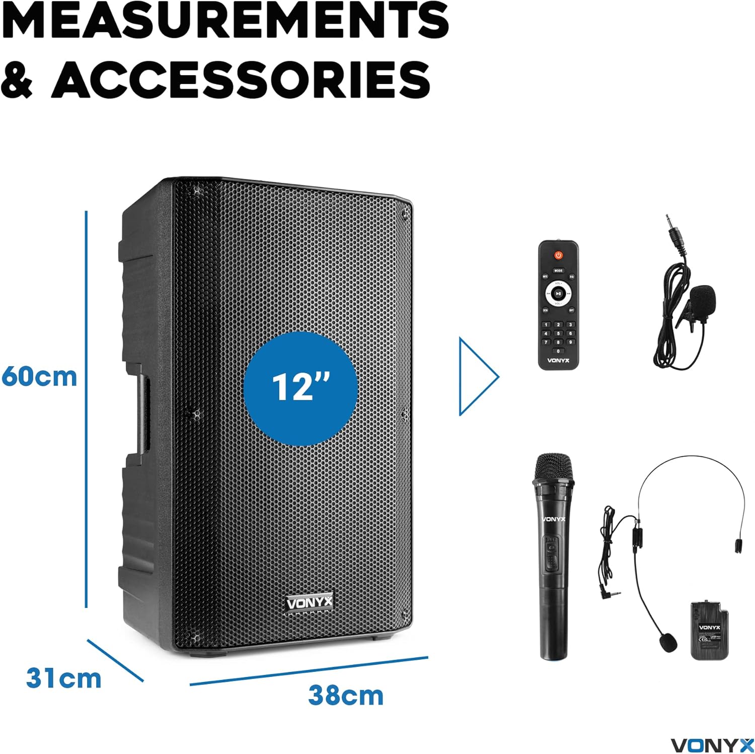 Vonyx VSA500BP 12-Inch Portable PA System with Wireless Mic & Headset | Battery-Powered Portable PA Speaker | Versatile Sound System for Events, Presentations, Performances, and Outdoor Activities-8