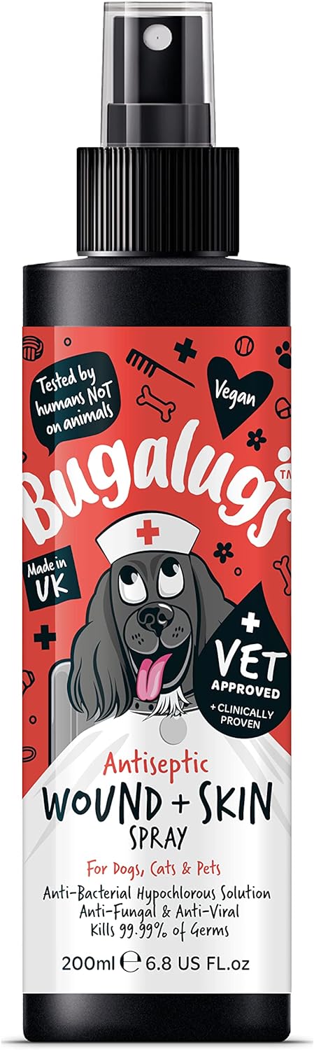 BUGALUGS Wound & Skin Dog Antiseptic spray 200ml - Antibacterial, Antiviral, Antifungal spray for itchy dog skin relief - Hypochlorous acid essential dog first aid kit for Dogs, Cats, Pet animals-0