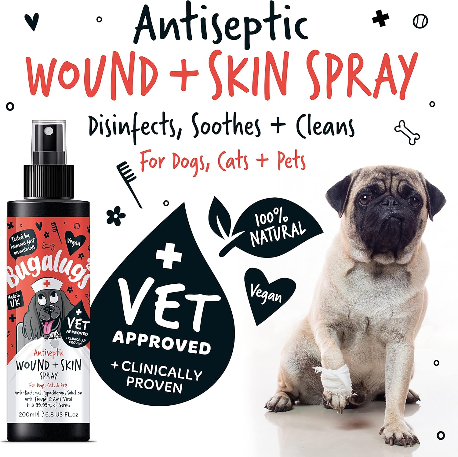 BUGALUGS Wound & Skin Dog Antiseptic spray 200ml - Antibacterial, Antiviral, Antifungal spray for itchy dog skin relief - Hypochlorous acid essential dog first aid kit for Dogs, Cats, Pet animals-1