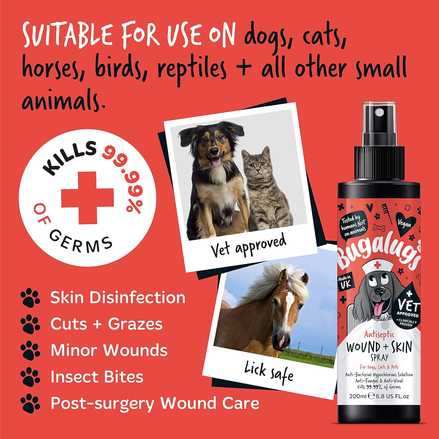 BUGALUGS Wound & Skin Dog Antiseptic spray 200ml - Antibacterial, Antiviral, Antifungal spray for itchy dog skin relief - Hypochlorous acid essential dog first aid kit for Dogs, Cats, Pet animals-2