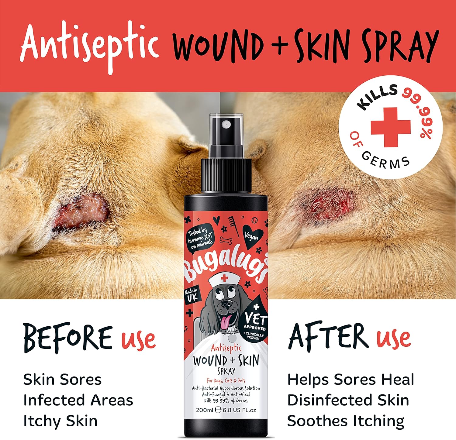 BUGALUGS Wound & Skin Dog Antiseptic spray 200ml - Antibacterial, Antiviral, Antifungal spray for itchy dog skin relief - Hypochlorous acid essential dog first aid kit for Dogs, Cats, Pet animals-4