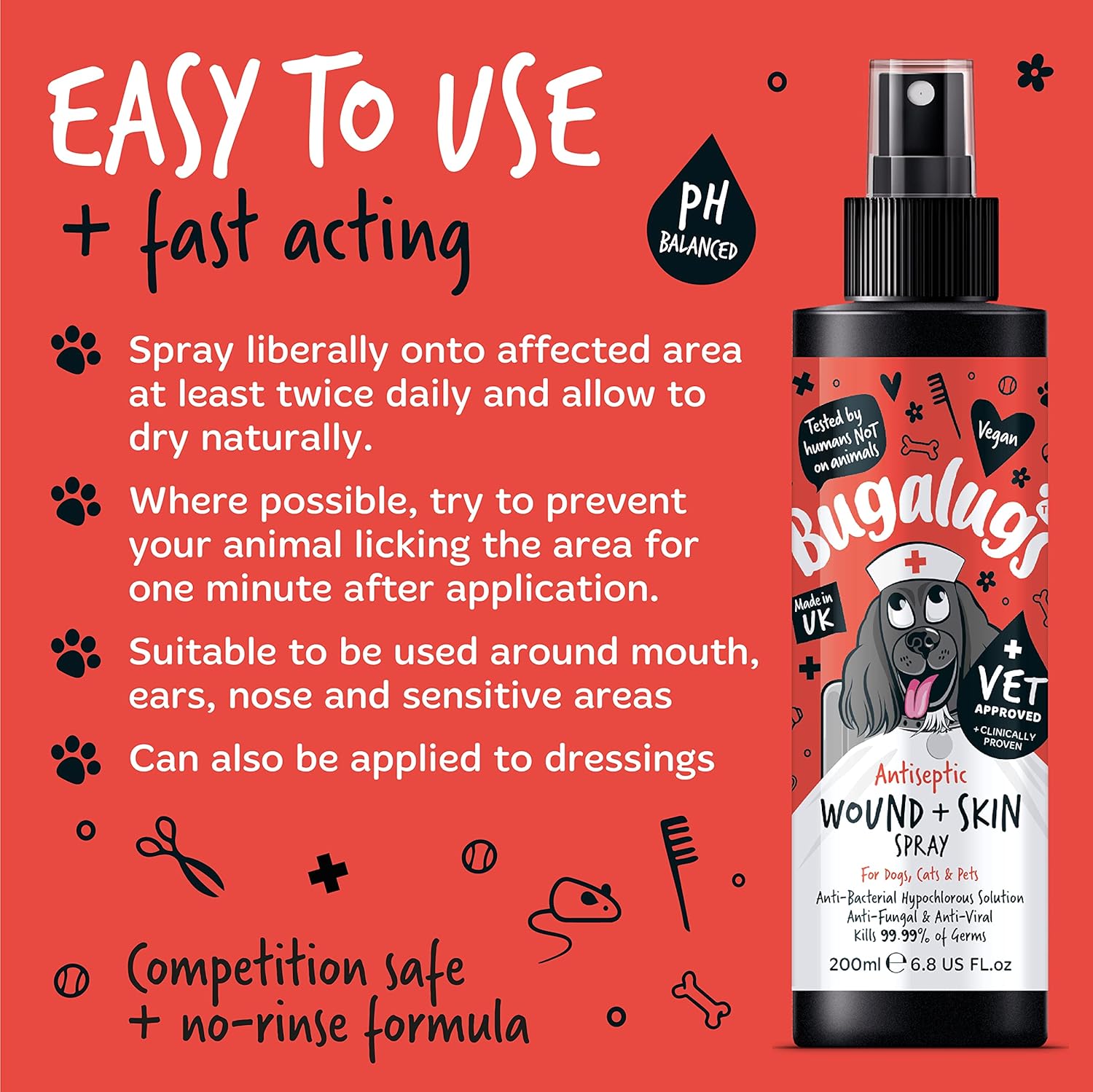 BUGALUGS Wound & Skin Dog Antiseptic spray 200ml - Antibacterial, Antiviral, Antifungal spray for itchy dog skin relief - Hypochlorous acid essential dog first aid kit for Dogs, Cats, Pet animals-8