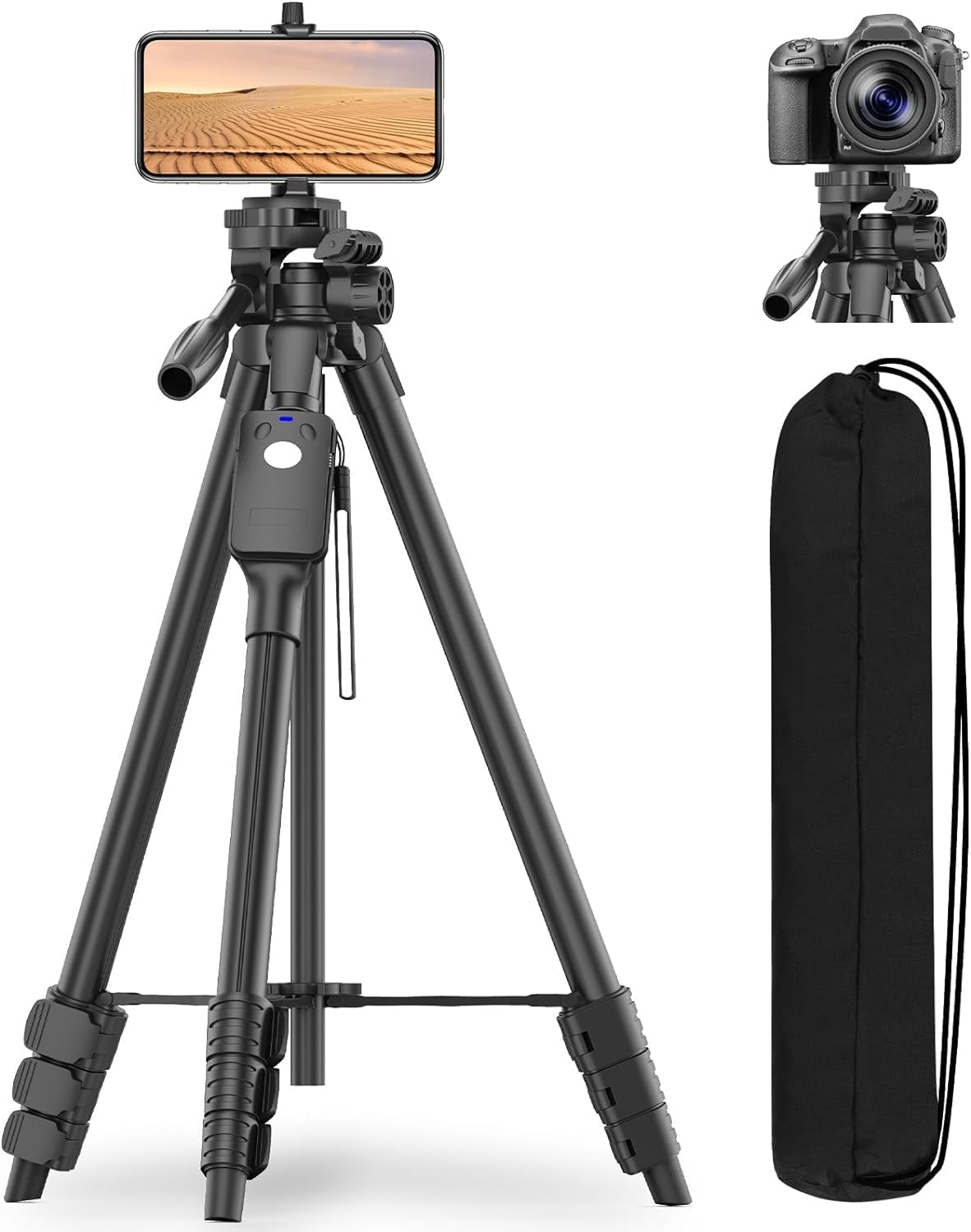 XXZU 60" Camera Tripod, Phone Tripods Stand with Quick-Release Plate, Camera Stand with Remote&Travel Bag, Mobile Phone Tripod Stand For Filming, Smartphone Tripod for iPhone/Camera/DSLR/Webcam-0