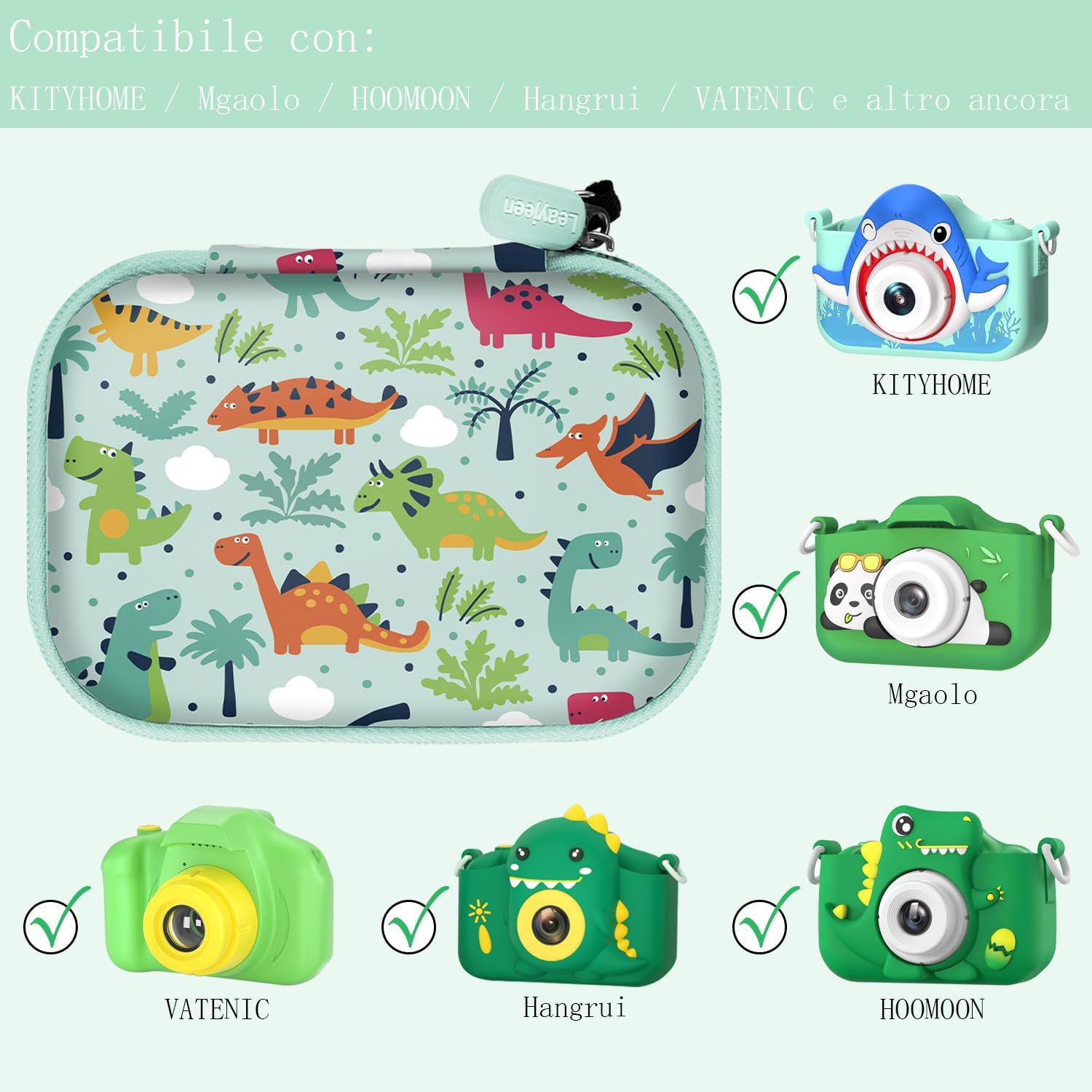 Leayjeen Kids Digital Camera Case, Compatible with Cocopa/Hangrui/Gofunly/TIATUA/Mgaolo/HiMont/DRLEBE/YunLone, for 3-12 Year Kids Toy Gifts (Case Only) Green Dinosaur-3