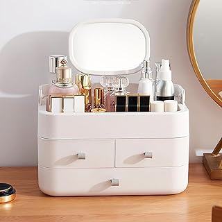 BTGGG 3-Layer Desktop Makeup Organizer Storage Drawers,Cosmetic Storage Box with Mirror,Cosmetic Organizer Make Up Storage Organizer Box Acrylic,Make Up Case For Bathroom Dresser Bedroom(White)