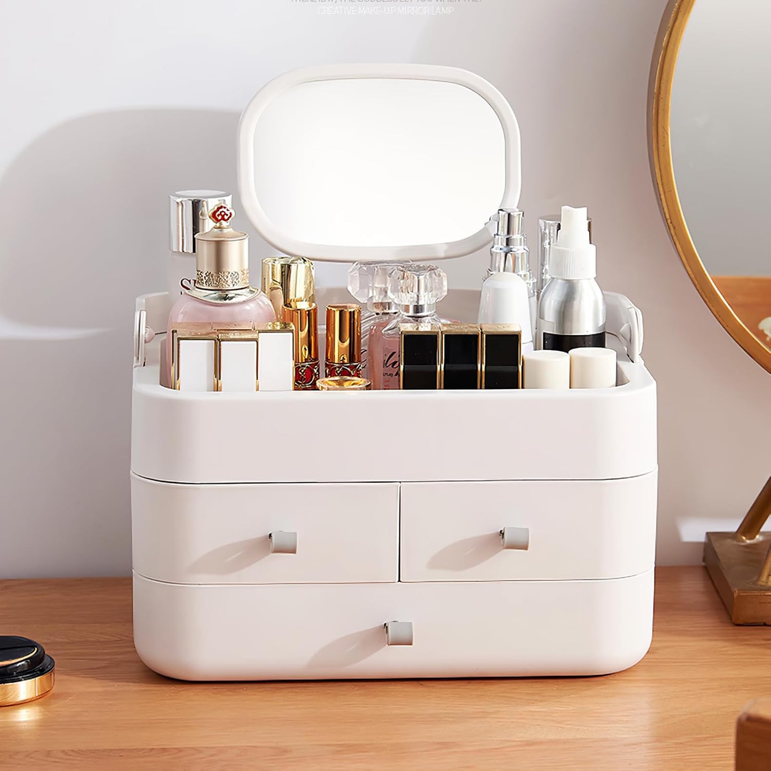 BTGGG 3-Layer Desktop Makeup Organizer Storage Drawers,Cosmetic Storage Box with Mirror,Cosmetic Organizer Make Up Storage Organizer Box Acrylic,Make Up Case For Bathroom Dresser Bedroom(White)-0