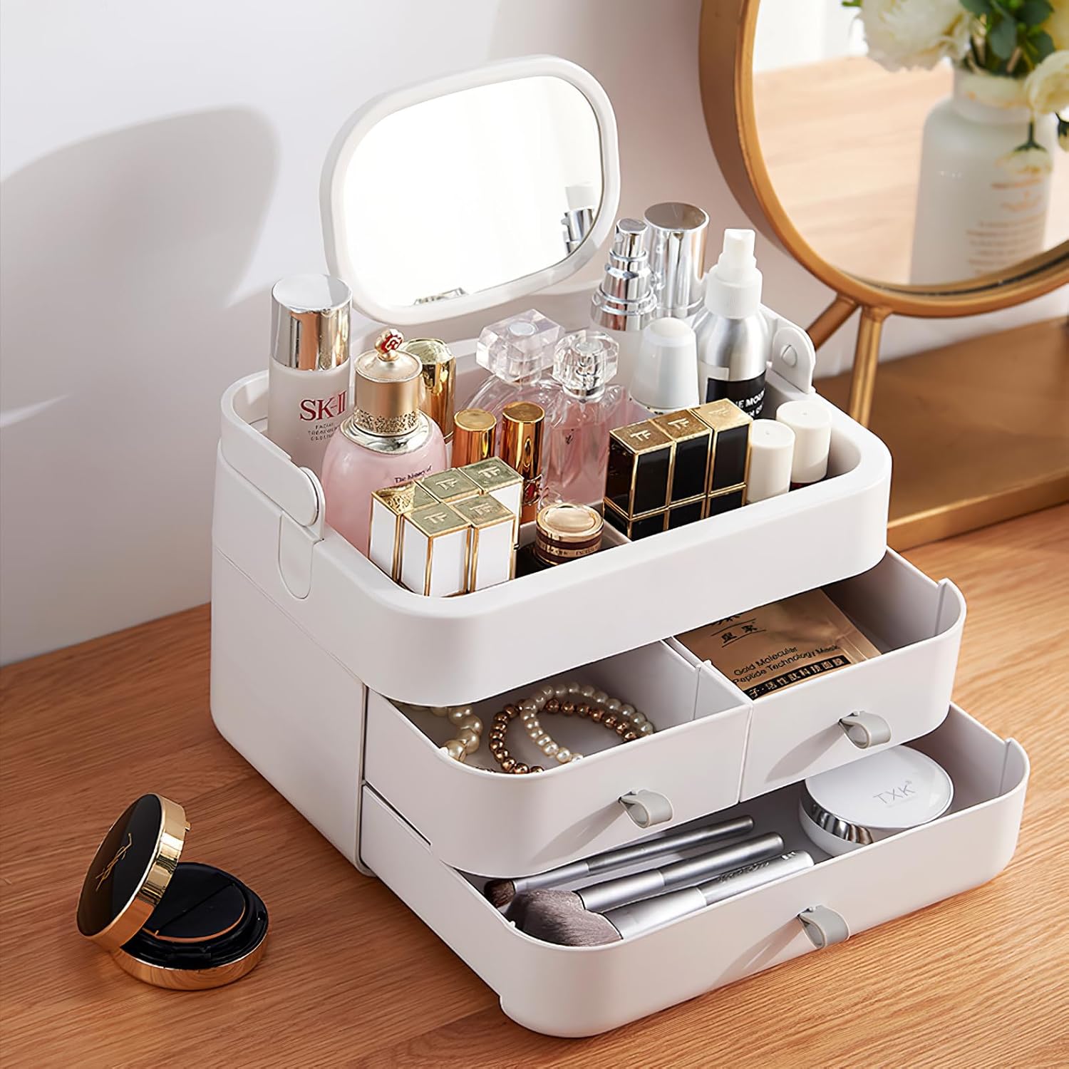 BTGGG 3-Layer Desktop Makeup Organizer Storage Drawers,Cosmetic Storage Box with Mirror,Cosmetic Organizer Make Up Storage Organizer Box Acrylic,Make Up Case For Bathroom Dresser Bedroom(White)-1