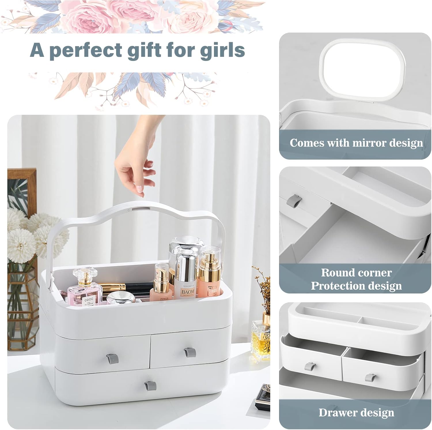 BTGGG 3-Layer Desktop Makeup Organizer Storage Drawers,Cosmetic Storage Box with Mirror,Cosmetic Organizer Make Up Storage Organizer Box Acrylic,Make Up Case For Bathroom Dresser Bedroom(White)-3