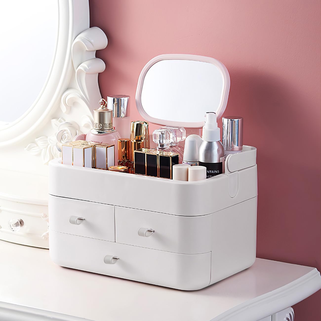 BTGGG 3-Layer Desktop Makeup Organizer Storage Drawers,Cosmetic Storage Box with Mirror,Cosmetic Organizer Make Up Storage Organizer Box Acrylic,Make Up Case For Bathroom Dresser Bedroom(White)-6