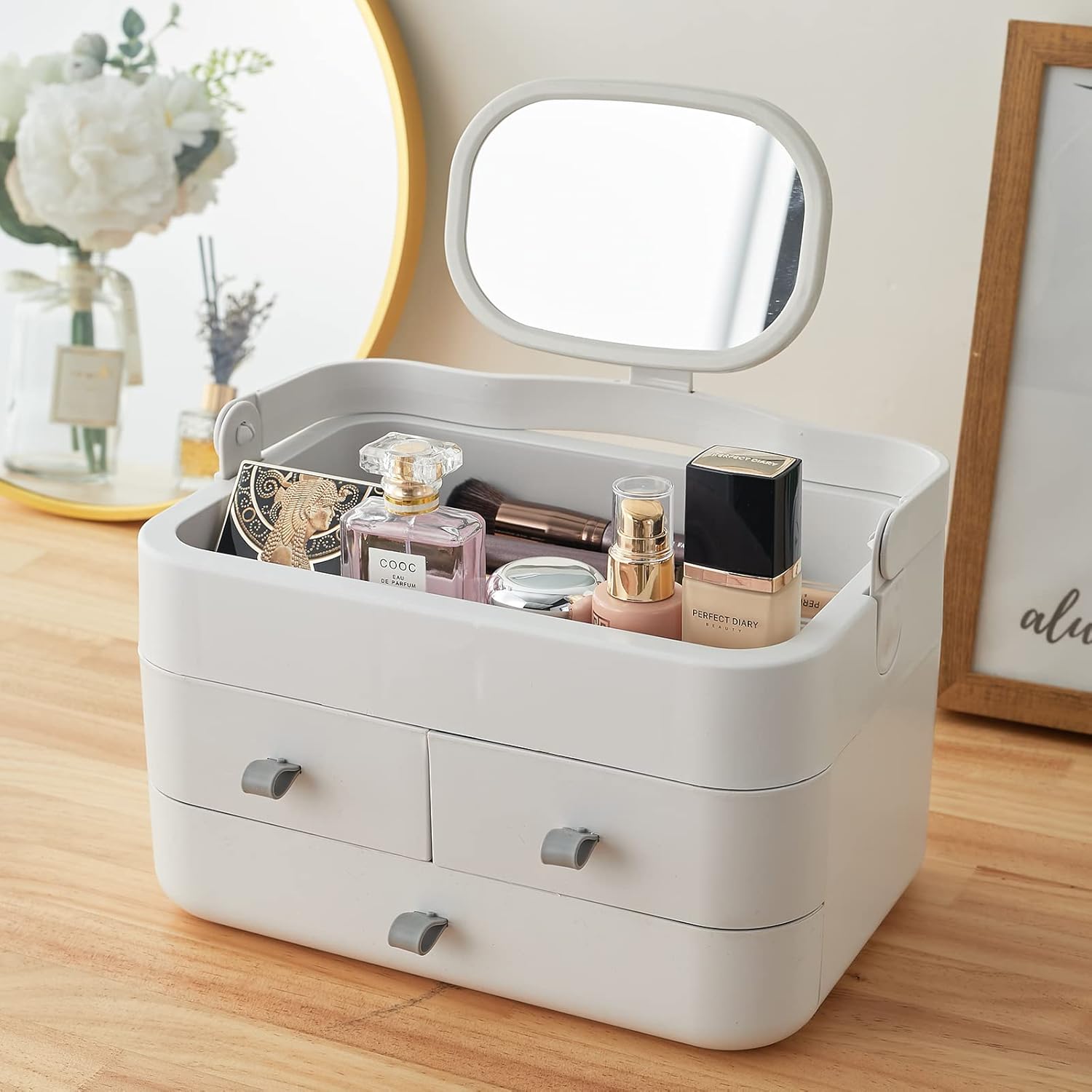 BTGGG 3-Layer Desktop Makeup Organizer Storage Drawers,Cosmetic Storage Box with Mirror,Cosmetic Organizer Make Up Storage Organizer Box Acrylic,Make Up Case For Bathroom Dresser Bedroom(White)-8