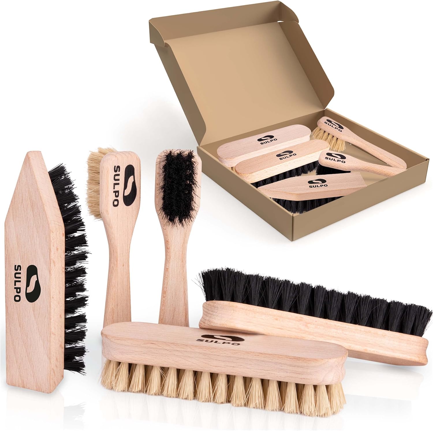 SULPO Shoe Polish Kit - 5-Piece Shoe Polish Cleaning Set - Leather Cleaning Brushes - 2 Brushes Soft Bristles - 2 Shoe Polish Brushes Soft Bristles - 1 Dirt Brush Hard Bristles - Shoe Care-0