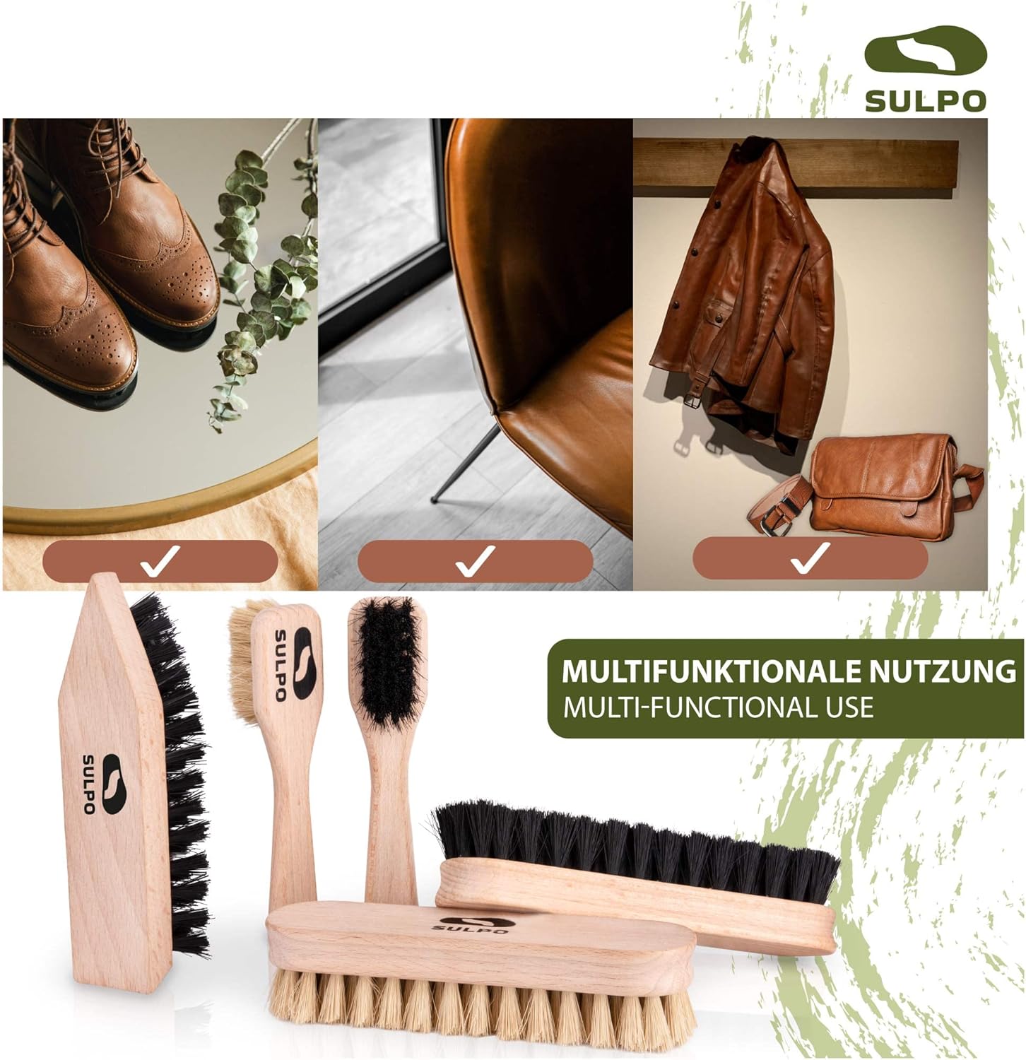 SULPO Shoe Polish Kit - 5-Piece Shoe Polish Cleaning Set - Leather Cleaning Brushes - 2 Brushes Soft Bristles - 2 Shoe Polish Brushes Soft Bristles - 1 Dirt Brush Hard Bristles - Shoe Care-4