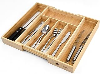 Koksi Cutlery Drawer Organiser - Expandable Bamboo Utensil Organiser for Silverware, Flatware, Knives, Natural Wood Cutlery Tray & Knife Holder Kitchen Drawer Divider Organisation