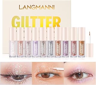 LANGMANNI 10Pcs Liquid Glitter Eyeshadow Korean Makeup Set, Shimmer,Pigmented,Long Lasting,Quick Drying,Easy to Apply Crystals Glitter Eyeshadow (10pcs Set)