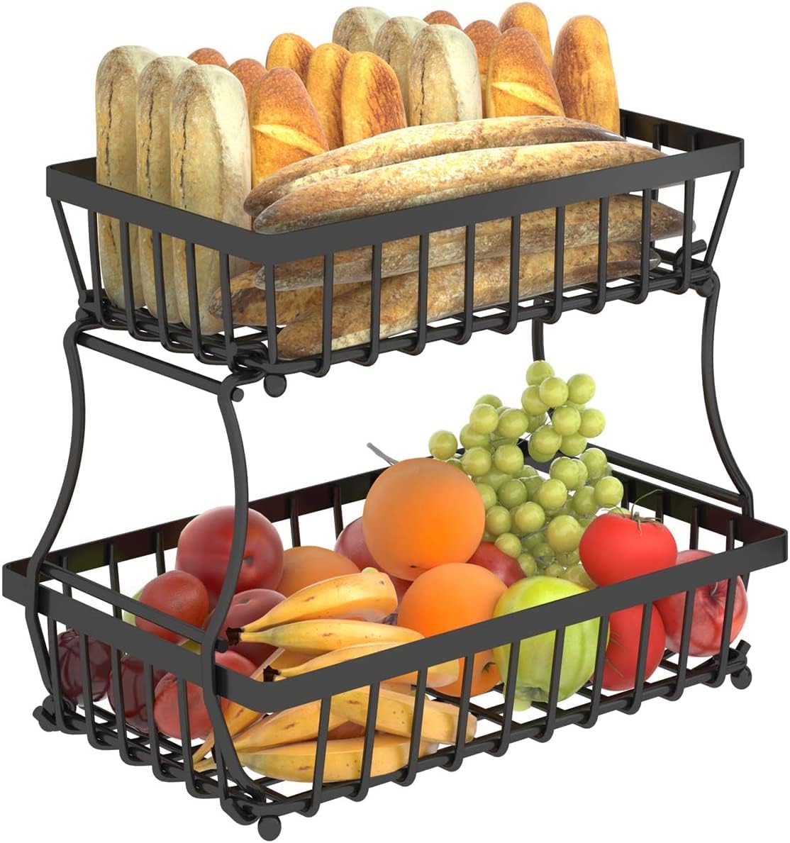 Koksi 2 Tier Fruit Storage Basket Countertop for Kitchen, Bread Vegetable Fruit Basket Bowl Stand Detachable Metal Rectangular Wire Basket, Black-0