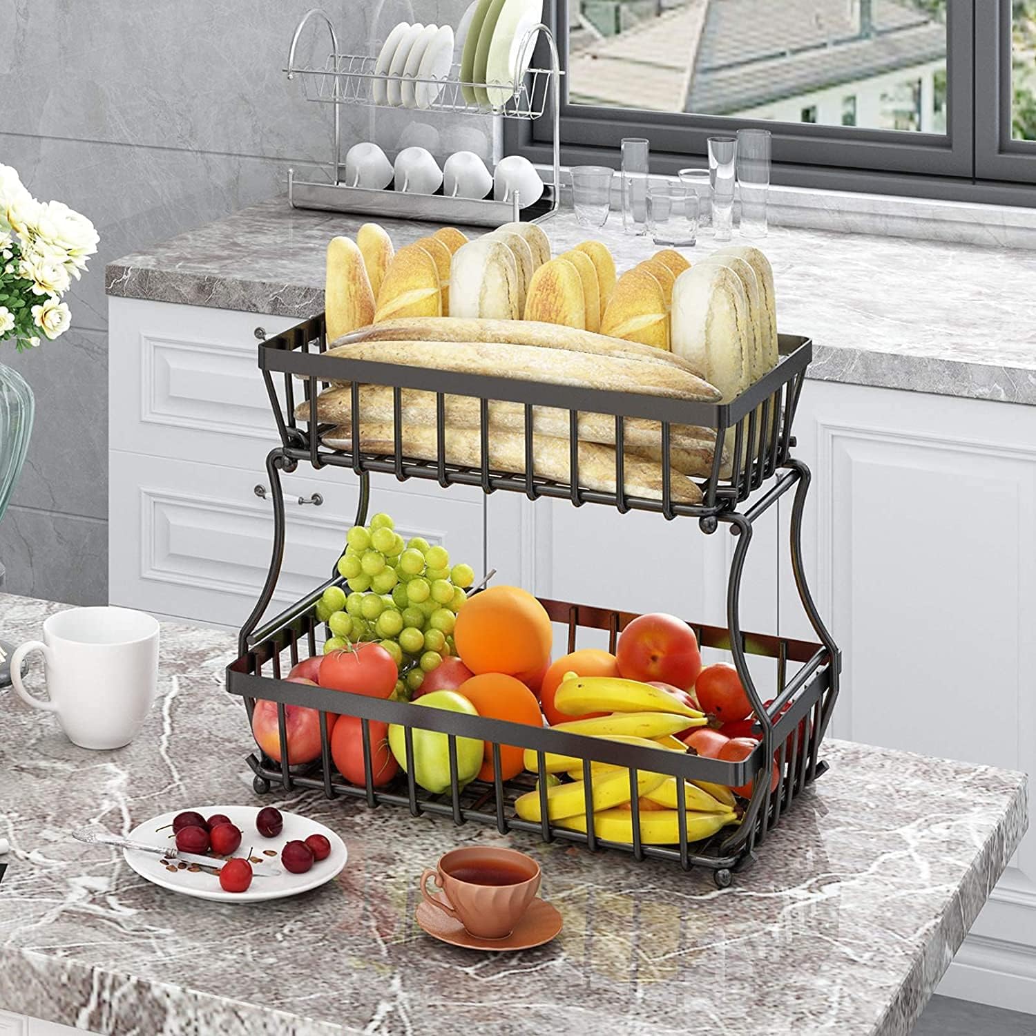 Koksi 2 Tier Fruit Storage Basket Countertop for Kitchen, Bread Vegetable Fruit Basket Bowl Stand Detachable Metal Rectangular Wire Basket, Black-1