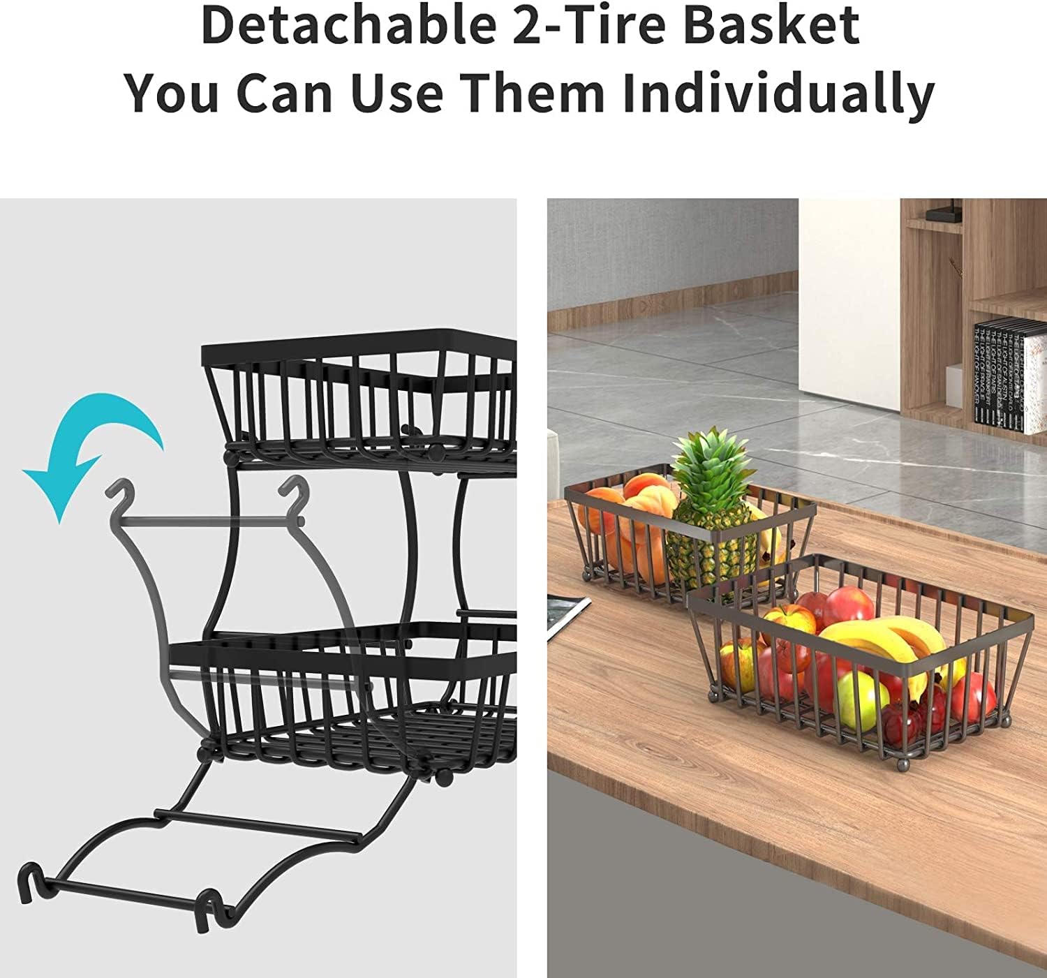 Koksi 2 Tier Fruit Storage Basket Countertop for Kitchen, Bread Vegetable Fruit Basket Bowl Stand Detachable Metal Rectangular Wire Basket, Black-2