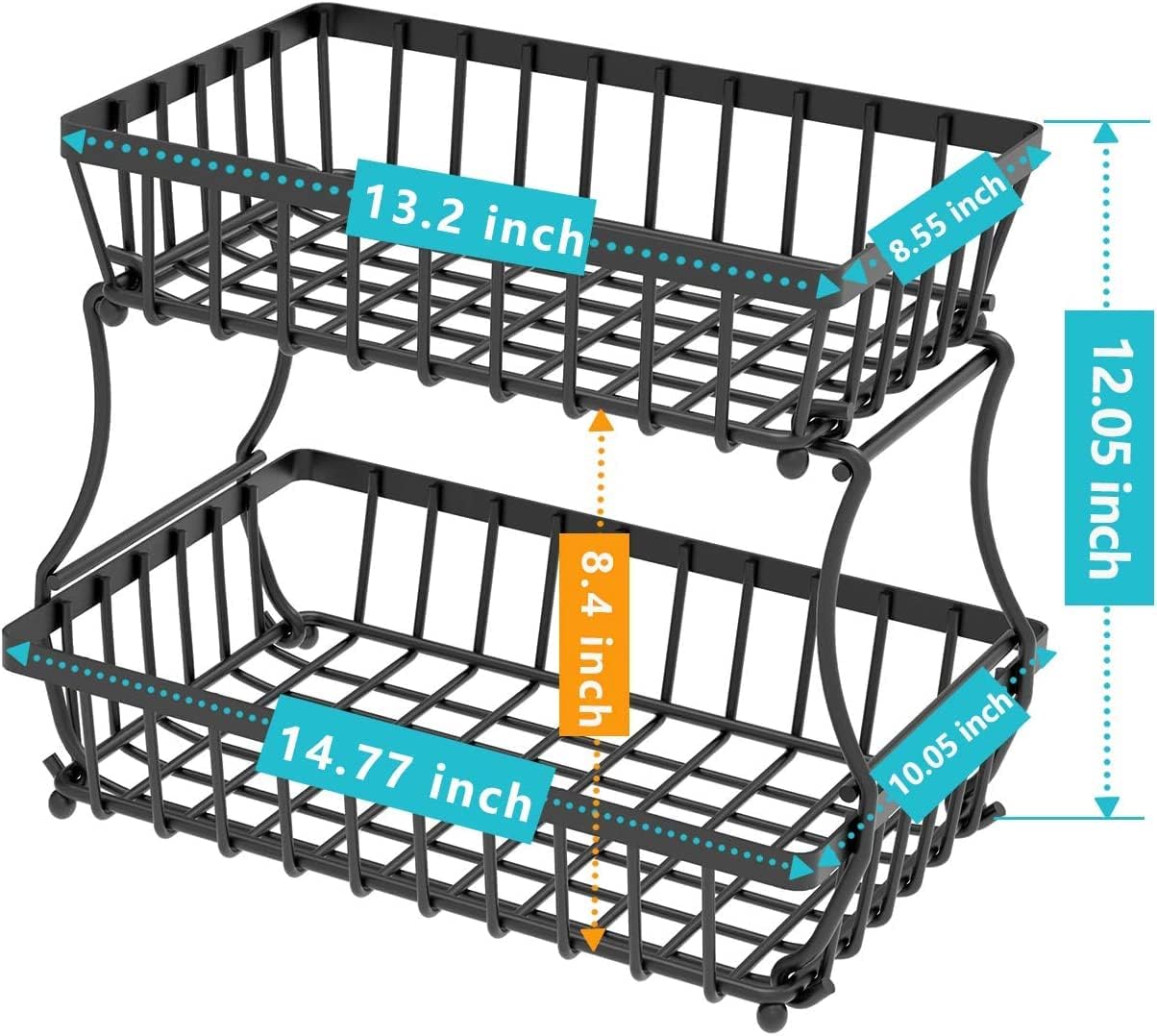 Koksi 2 Tier Fruit Storage Basket Countertop for Kitchen, Bread Vegetable Fruit Basket Bowl Stand Detachable Metal Rectangular Wire Basket, Black-3