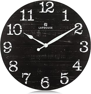 Lafocuse 12 Inch Rustic Farmhouse Wooden Wall Clock Silent Non Ticking,Battery Operated Vintage Shabby Chic Distressed Retro Black Clock Decorative for Living Room Kitchen Bedroom Office