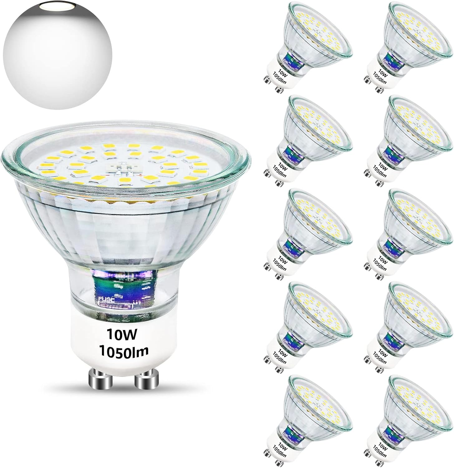 Unikcst GU10 LED Light Bulbs 1050lm,Cool White 10W Spotlight Replaces 100W Halogen Bulb 6000K LED Spot Lights 220-240V LED Lamp, Non Dimmable, 10 Pack-0