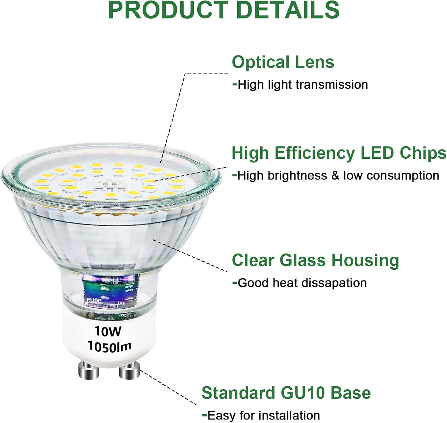 Unikcst GU10 LED Light Bulbs 1050lm,Cool White 10W Spotlight Replaces 100W Halogen Bulb 6000K LED Spot Lights 220-240V LED Lamp, Non Dimmable, 10 Pack-5