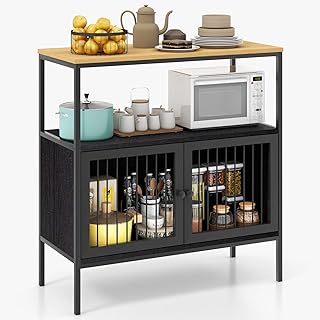 TANGZON Storage Cabinet, Sideboard Buffet Table with 2 Slatted Doors & Anti-Tipping Device, Metal Frame Wooden Cupboard for Kitchen Dining Room Living Room Hallway