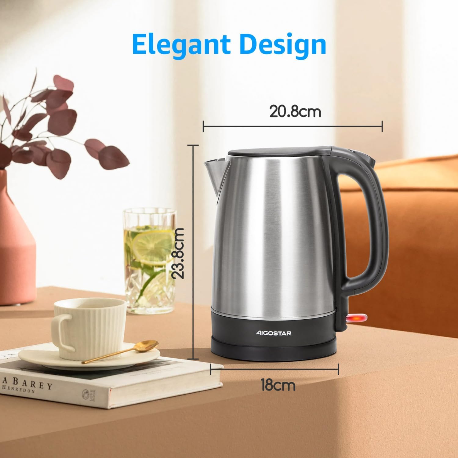 Aigostar Electric Kettle, 1.7L Quiet Fast Boil Kettle Cordless, Boil-dry Protection, Stainless Steel, 2200W - Milo-4